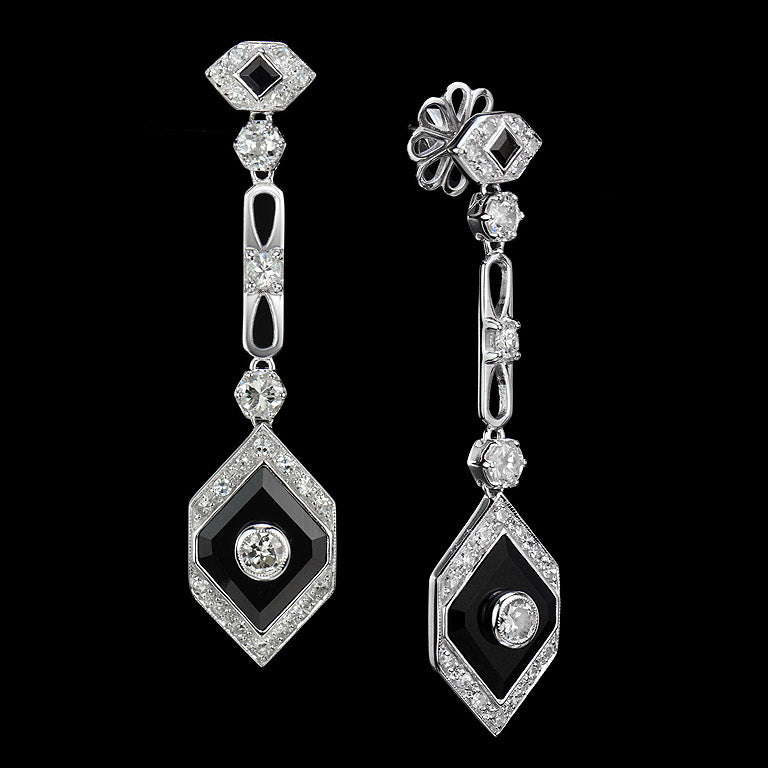 Rhombus Shape Diamond & Onyx Art Deco Style Drop 14K White Gold Earrings