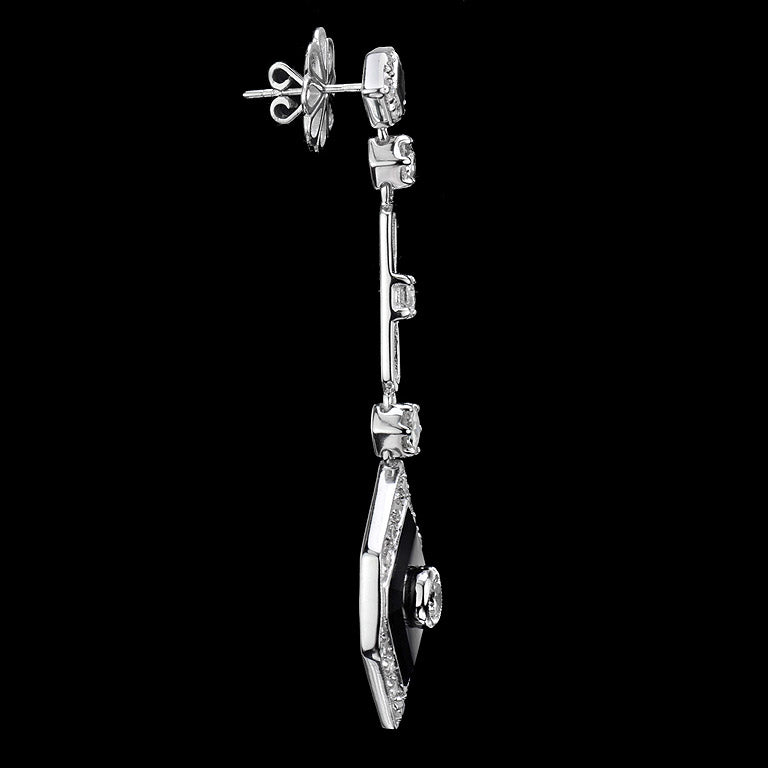 Rhombus Shape Diamond & Onyx Art Deco Style Drop 14K White Gold Earrings