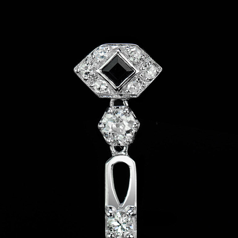 Rhombus Shape Diamond & Onyx Art Deco Style Drop 14K White Gold Earrings