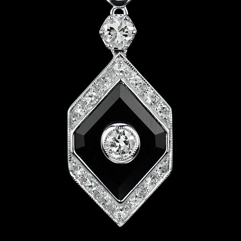 Rhombus Shape Diamond & Onyx Art Deco Style Drop 14K White Gold Earrings