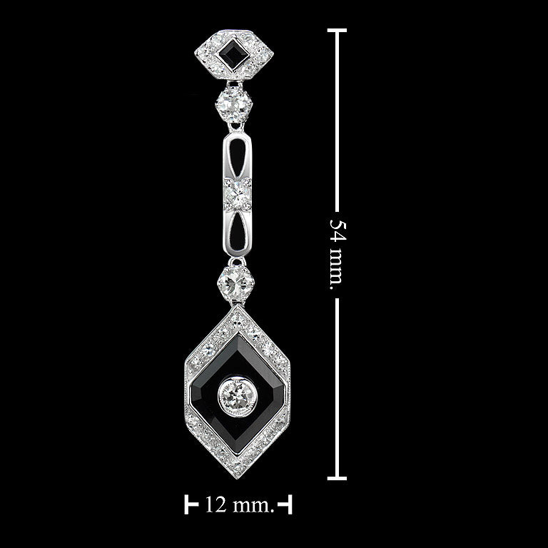 Rhombus Shape Diamond & Onyx Art Deco Style Drop 14K White Gold Earrings