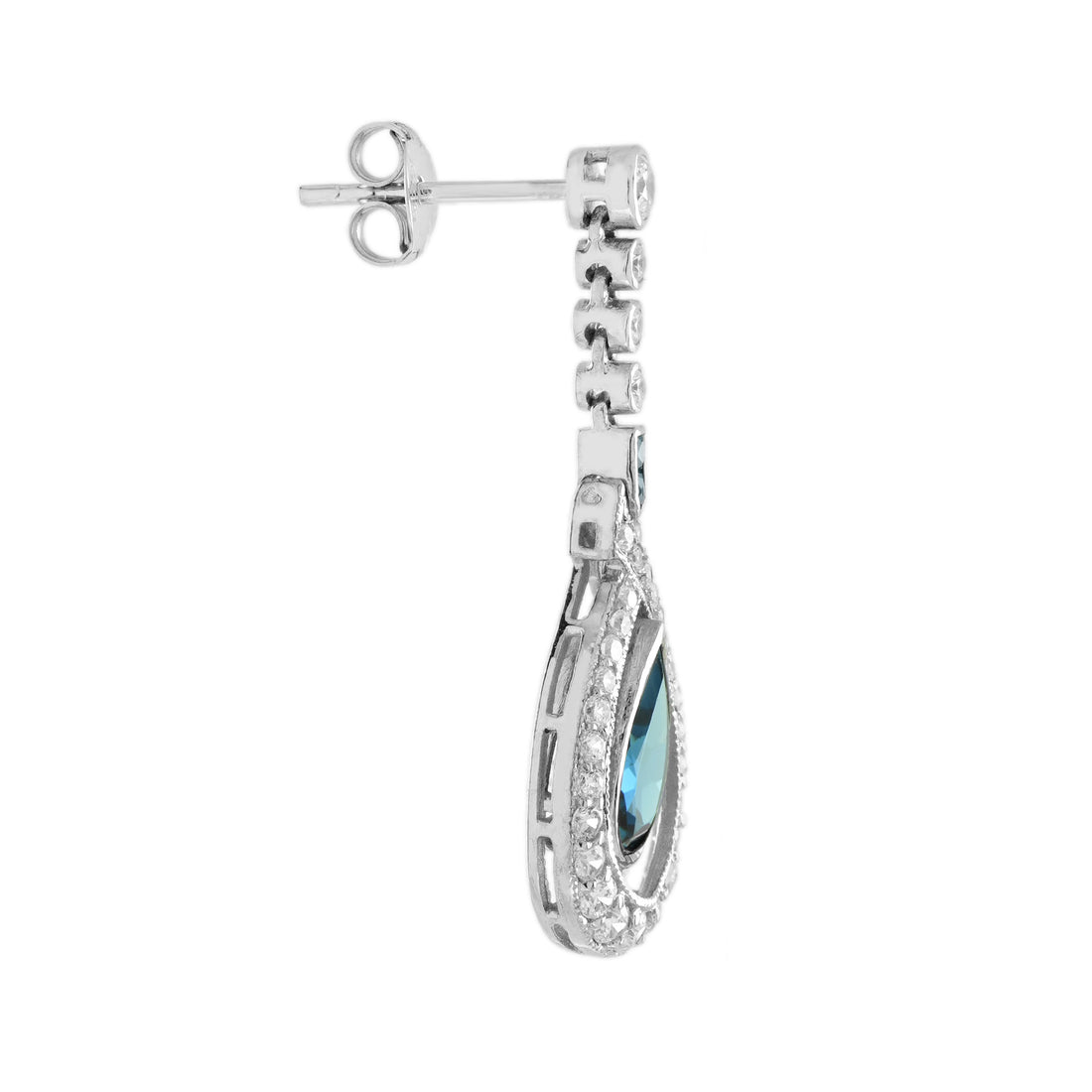 Pear Cut London Blue Topaz & Diamond Antique Style Drop 14K White Gold Earrings