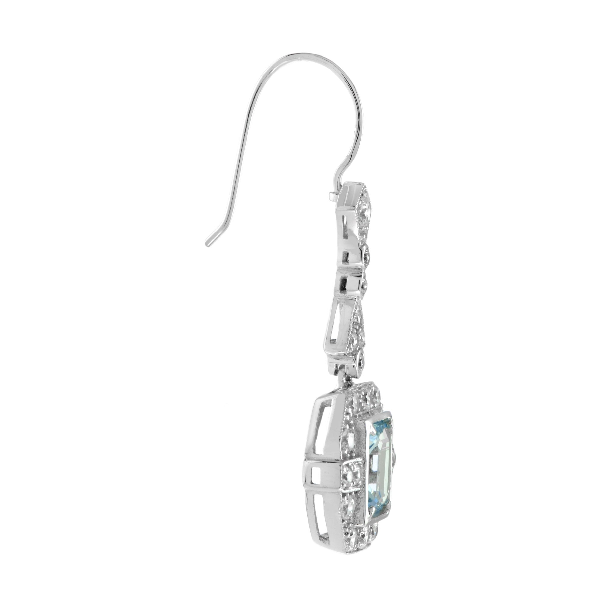Emerald Cut Blue Topaz & Diamond Halo Drop Dangle Hook 14K White Gold Earrings