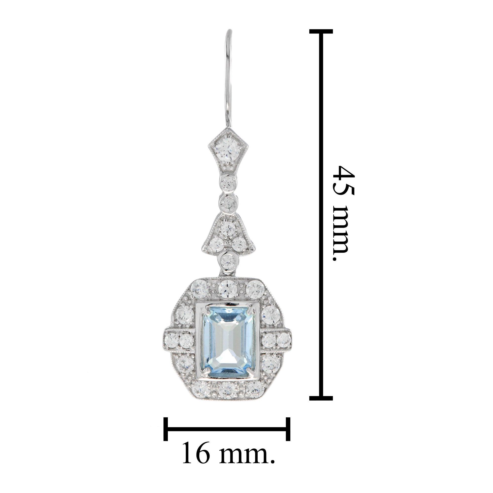 Emerald Cut Blue Topaz & Diamond Halo Drop Dangle Hook 14K White Gold Earrings