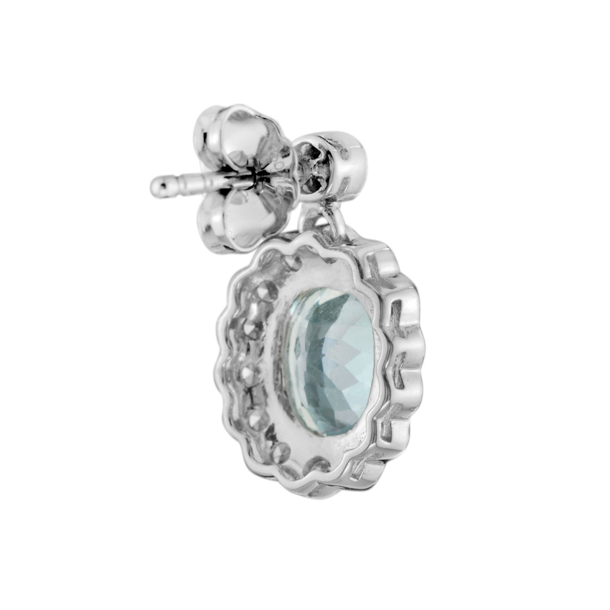 Oval Aquamarine & Diamond Halo Set Antique Style Drop 14K White Gold Earrings