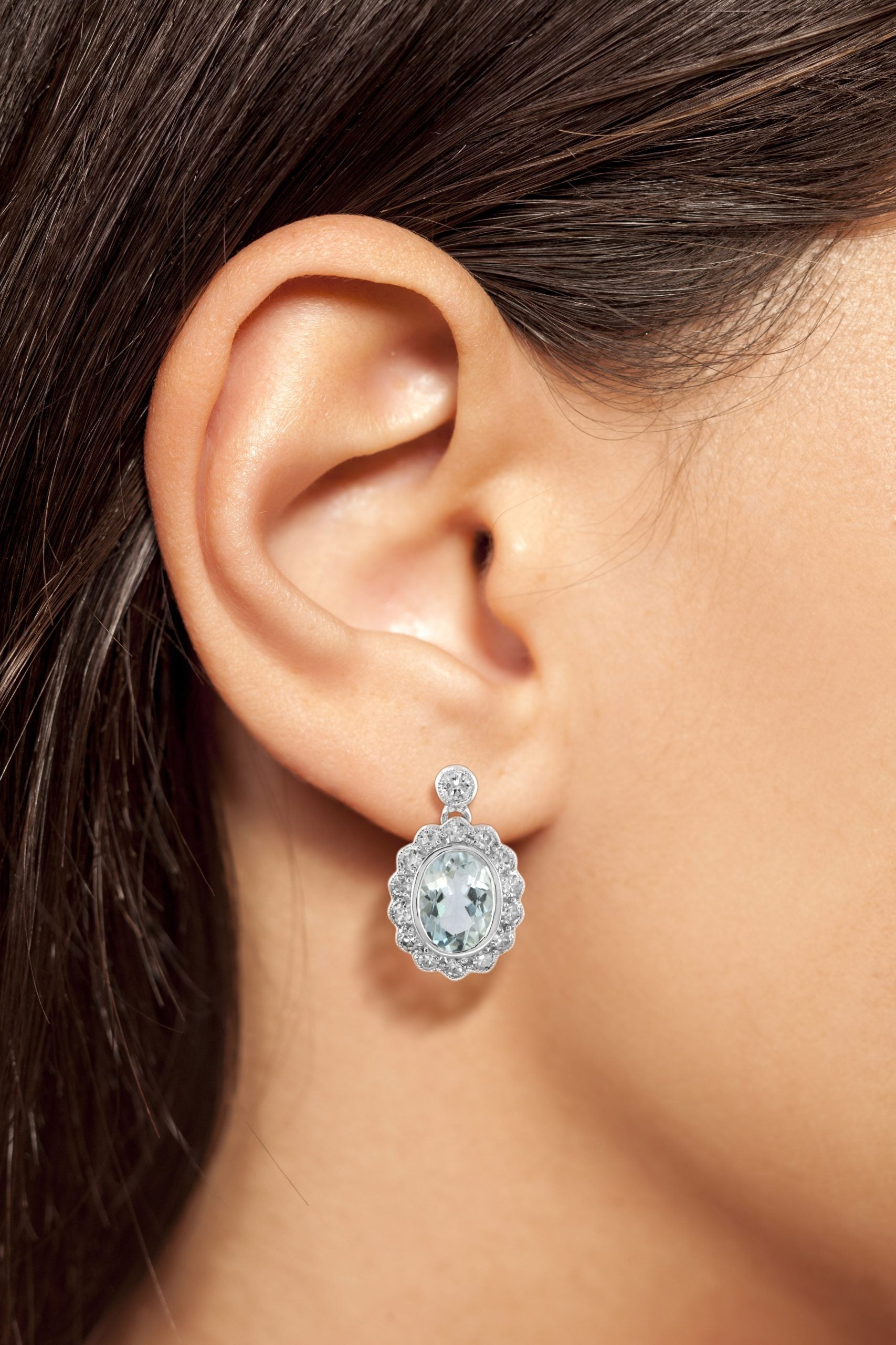 Oval Aquamarine & Diamond Halo Set Antique Style Drop 14K White Gold Earrings