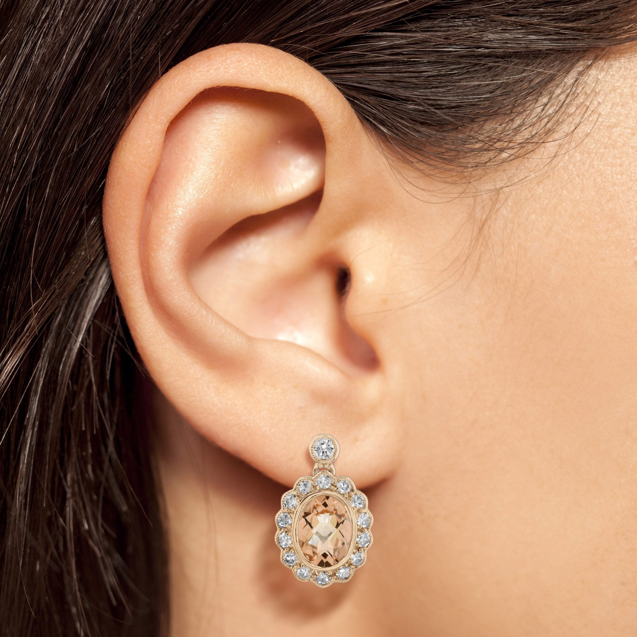 Peach Orange Morganite & Diamond Vintage Style Drop 14K Rose Gold Earrings
