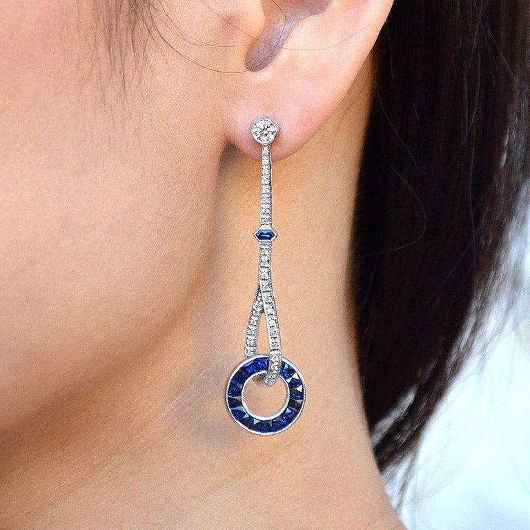 Blue Sapphire & Diamond Art Deco Style Circle Ring Drop White Gold Earrings