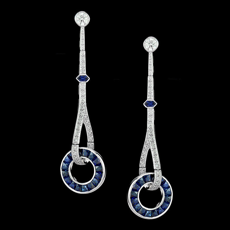 Blue Sapphire & Diamond Art Deco Style Circle Ring Drop White Gold Earrings