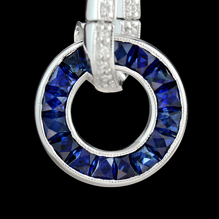 Blue Sapphire & Diamond Art Deco Style Circle Ring Drop White Gold Earrings