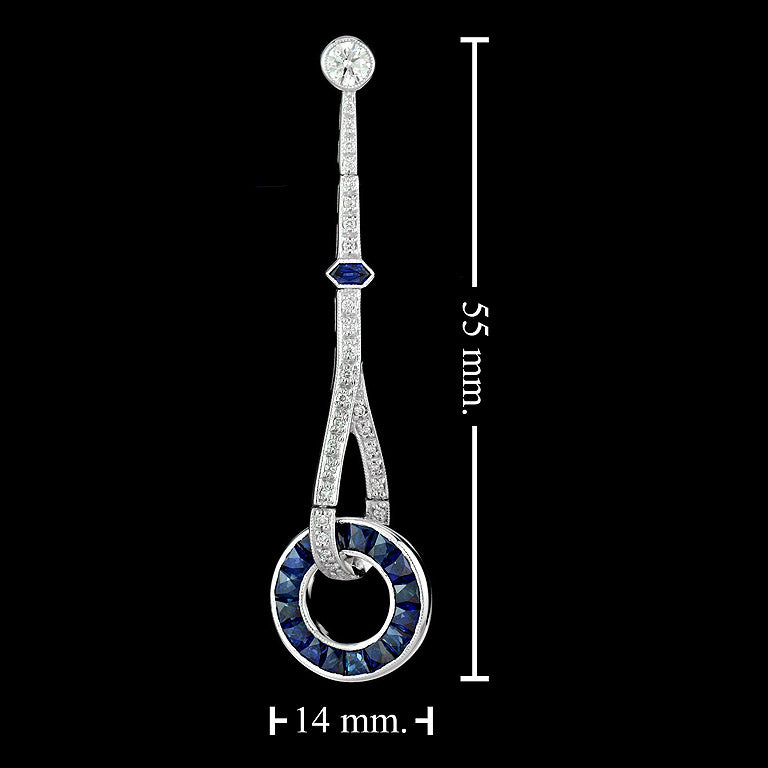 Blue Sapphire & Diamond Art Deco Style Circle Ring Drop White Gold Earrings