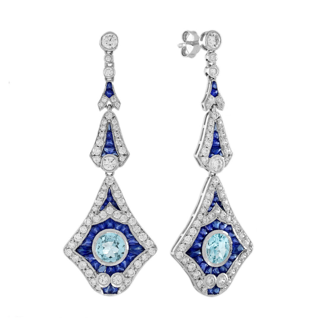 Aquamarine Blue Sapphire Diamond Art Deco Style Drop 14K White Gold Earrings