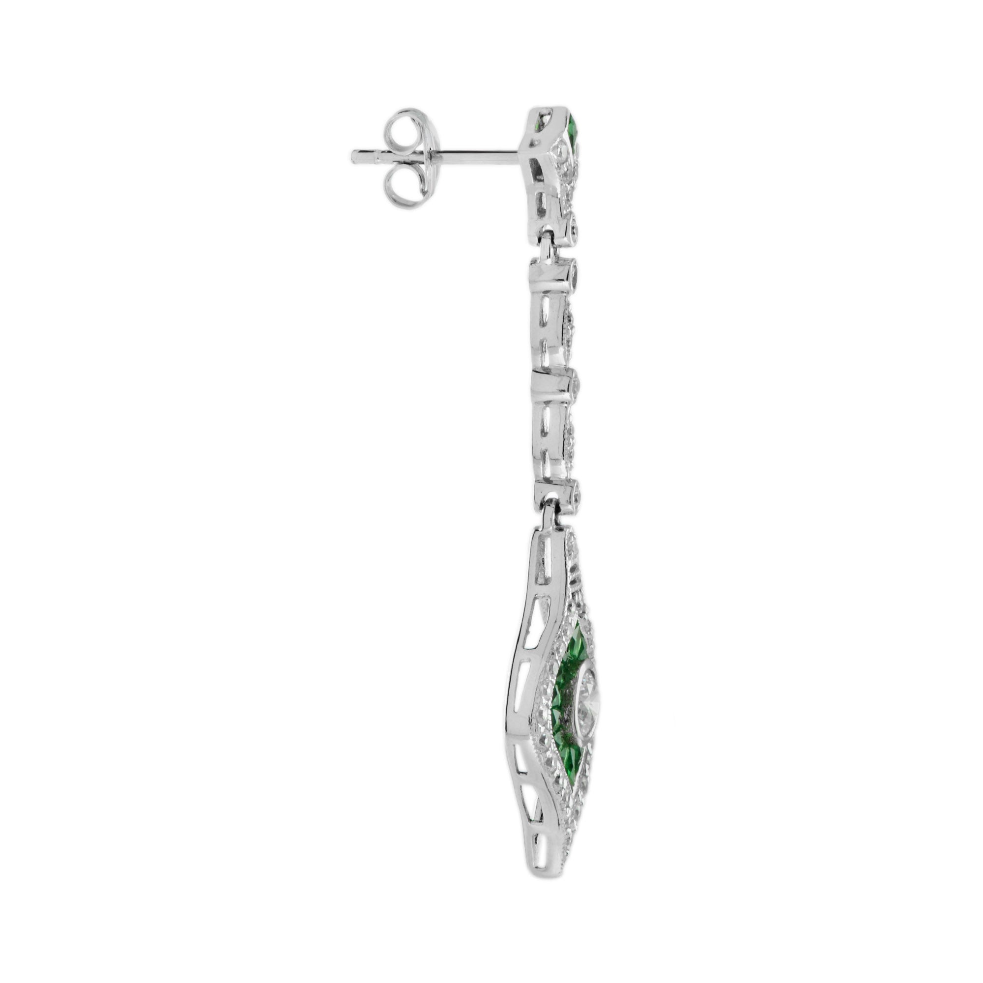 Diamond & Emerald Art Deco Style Dangle 14K White Gold Earrings