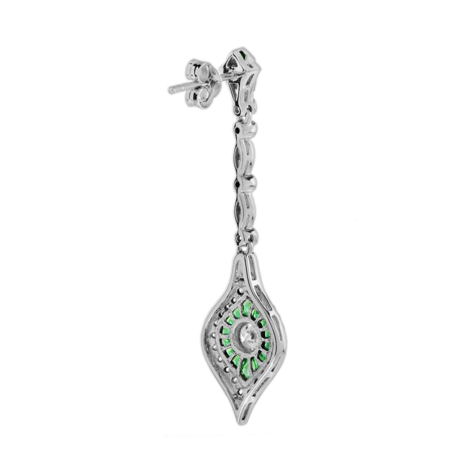 Diamond & Emerald Art Deco Style Dangle 14K White Gold Earrings