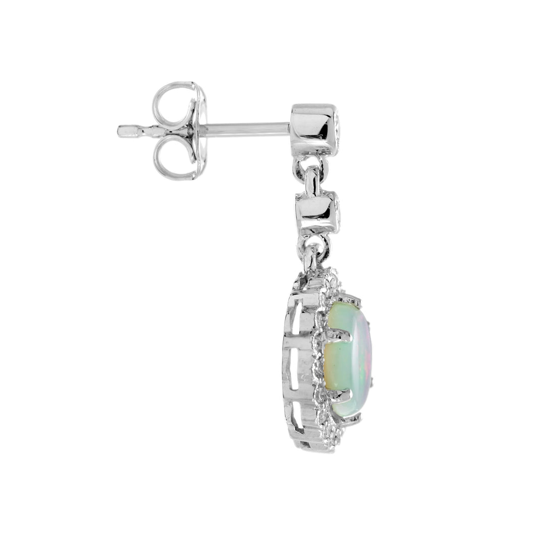 Opal & Diamond Vintage Style Halo Drop White Gold Earrings