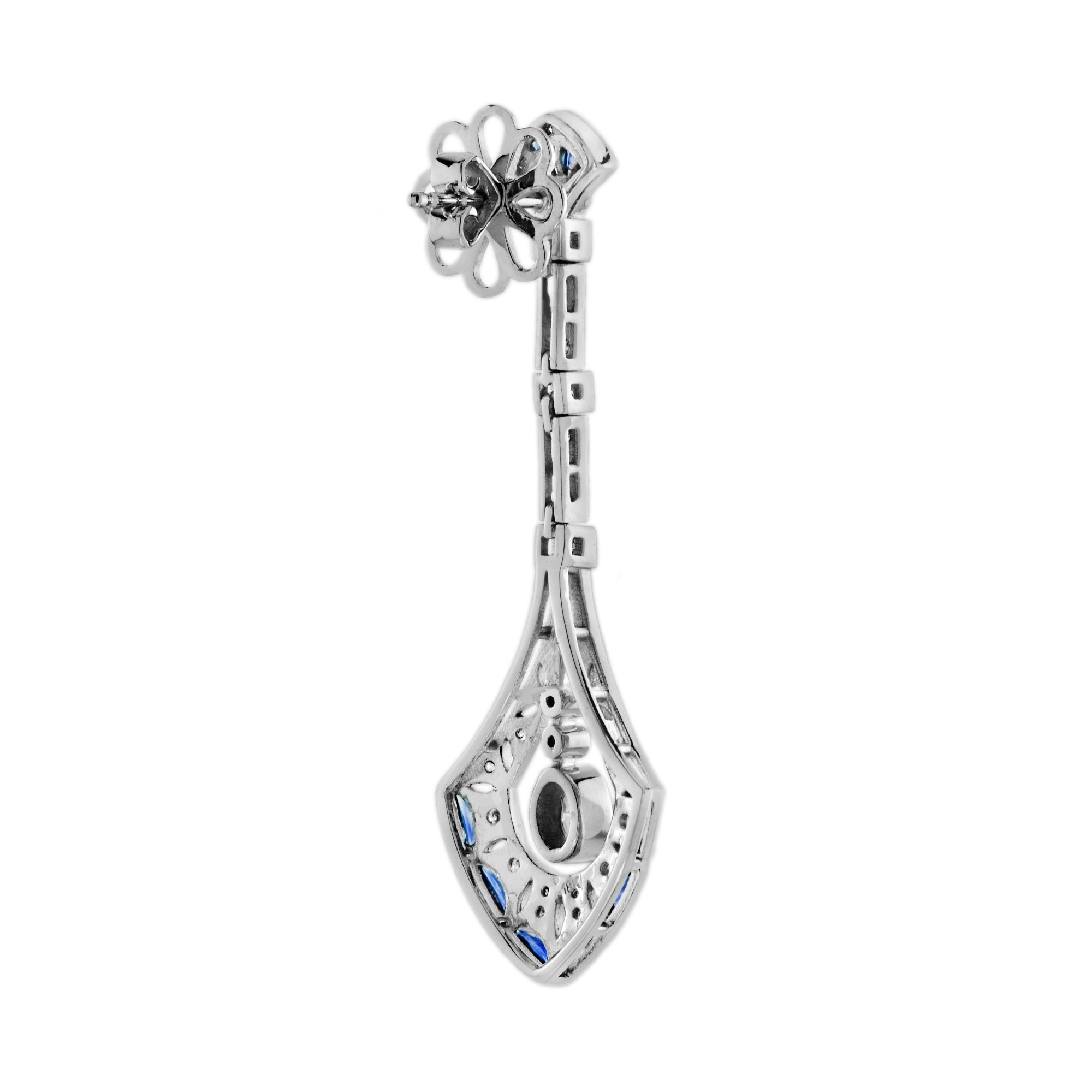 Diamond & French Cut Blue Sapphire Art Deco Style 14K White Gold Dangle Earrings