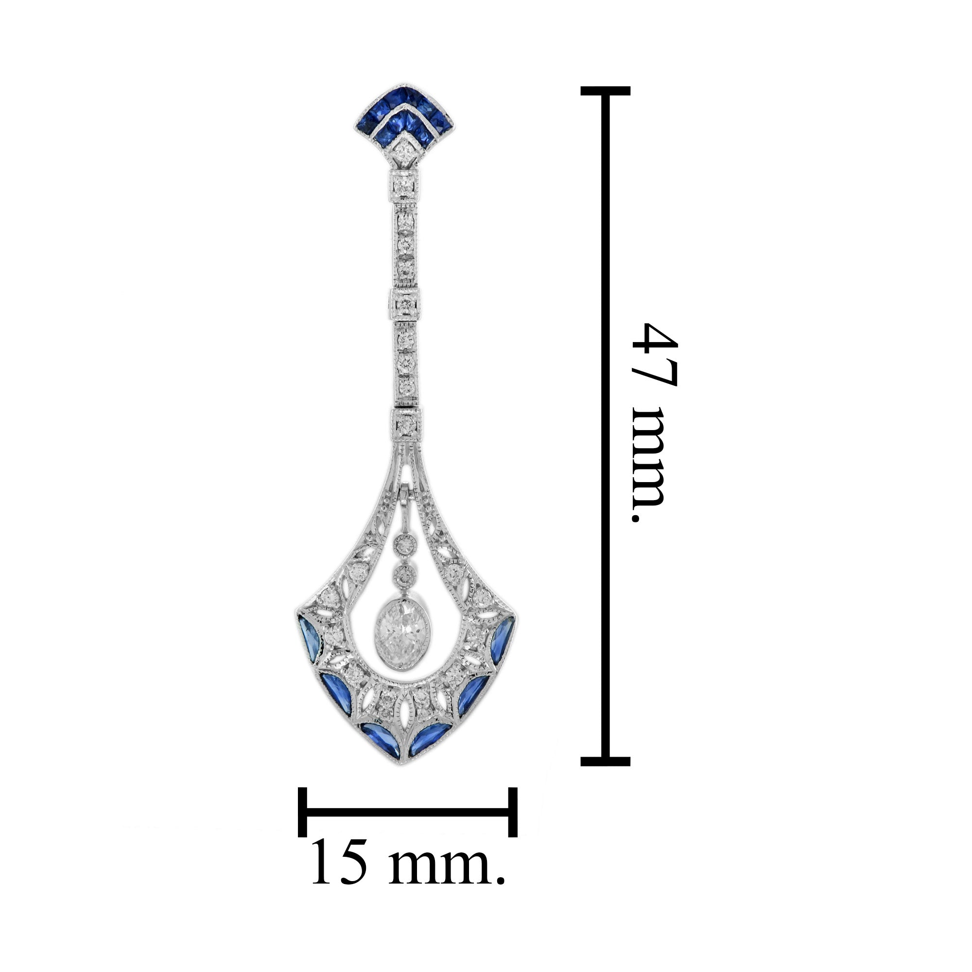 Diamond & French Cut Blue Sapphire Art Deco Style 14K White Gold Dangle Earrings