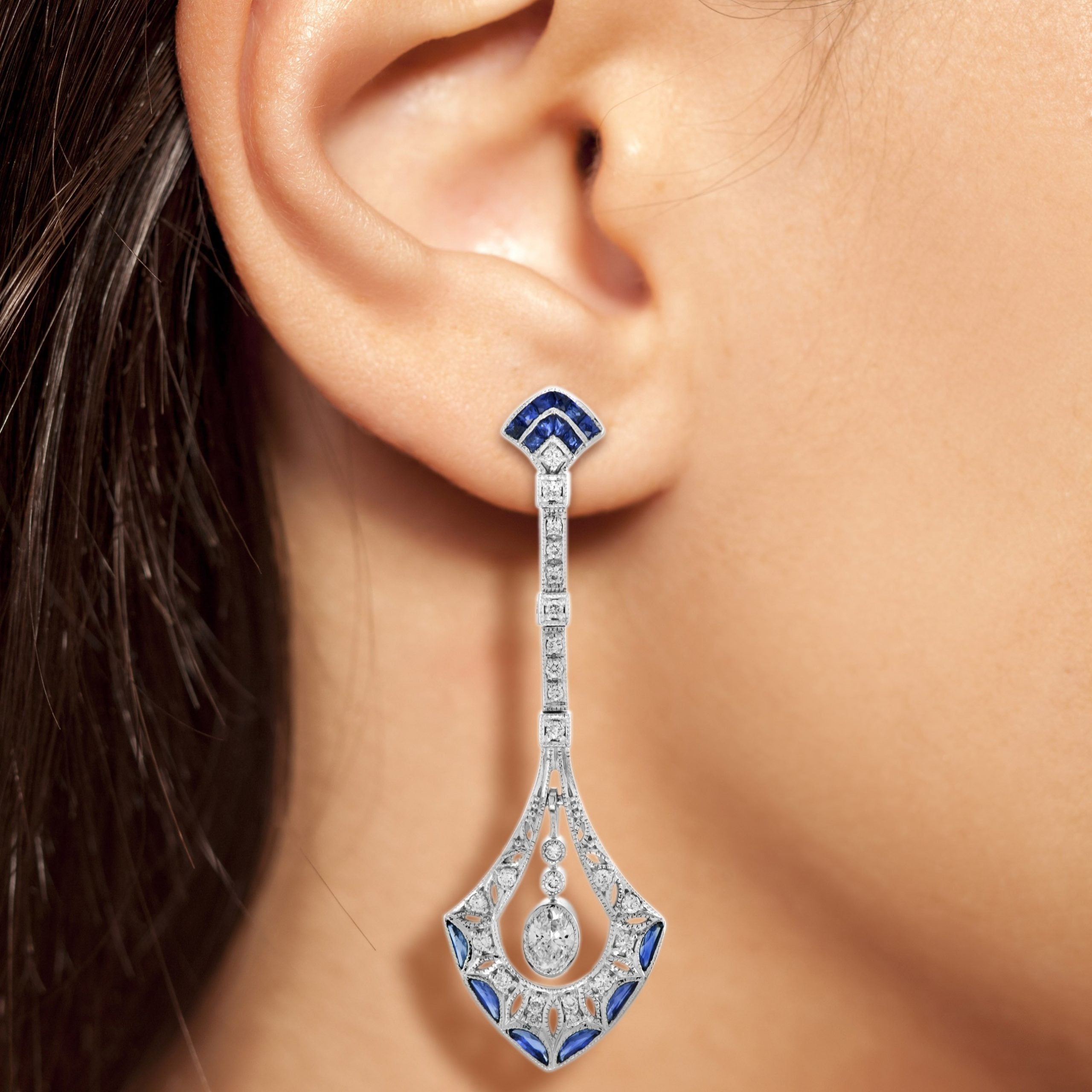 Diamond & French Cut Blue Sapphire Art Deco Style 14K White Gold Dangle Earrings