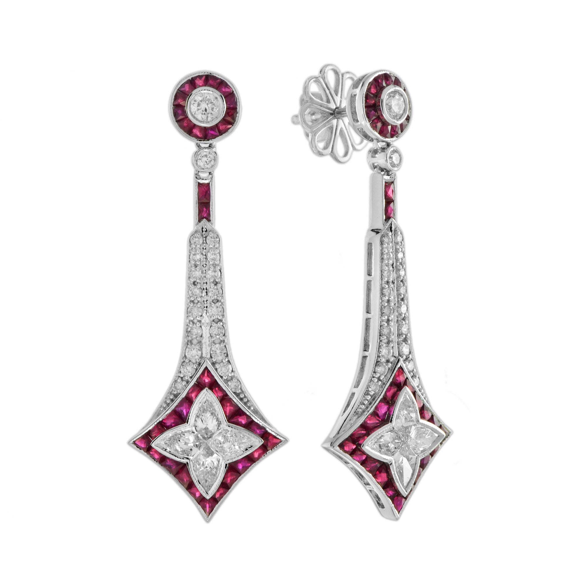 Illusion Lily Cut Diamond & Red Ruby Vintage Style Drop 18K White Gold Earrings