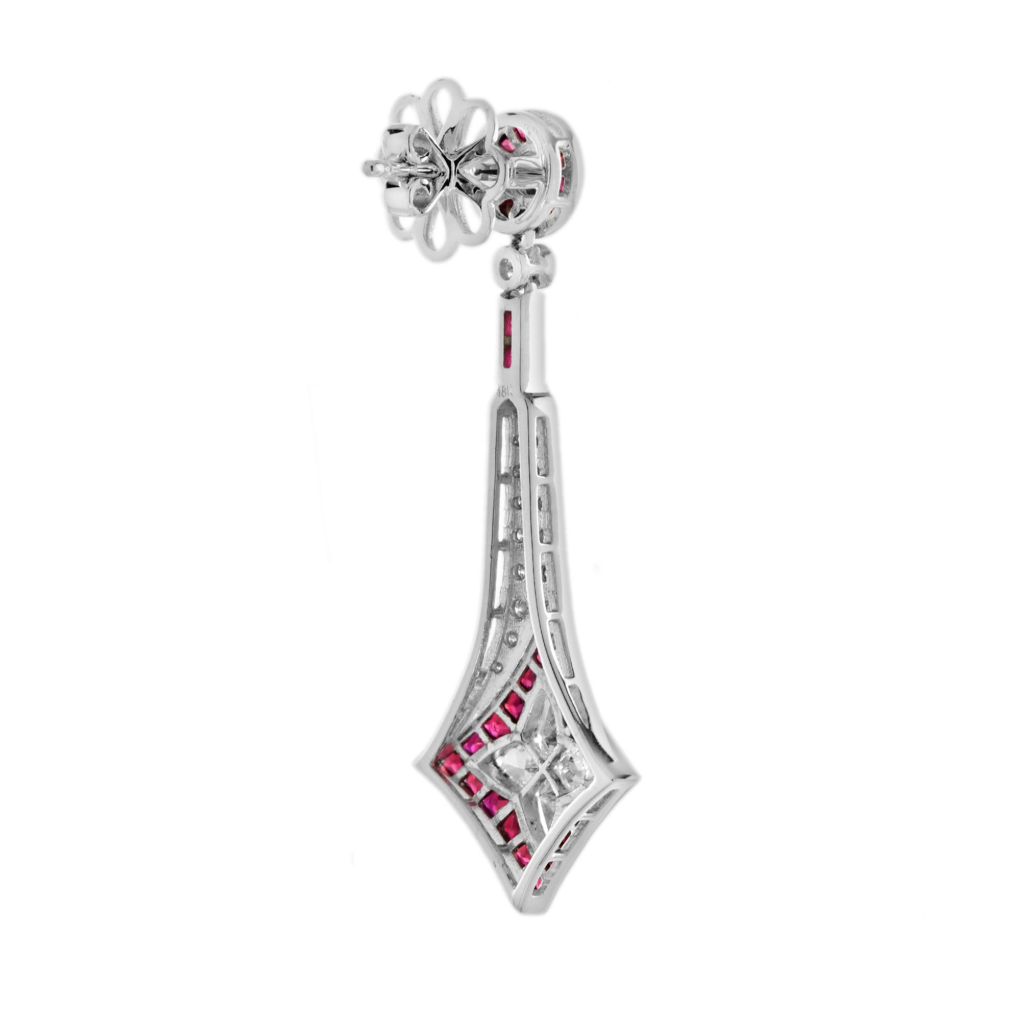 Illusion Lily Cut Diamond & Red Ruby Vintage Style Drop 18K White Gold Earrings
