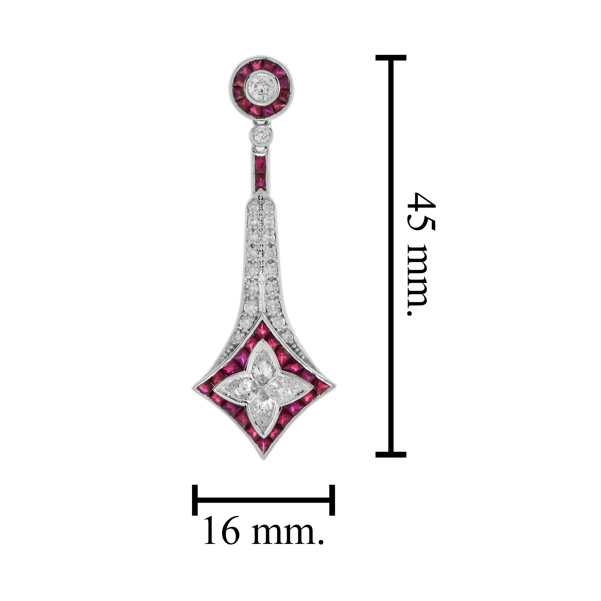 Illusion Lily Cut Diamond & Red Ruby Vintage Style Drop 18K White Gold Earrings