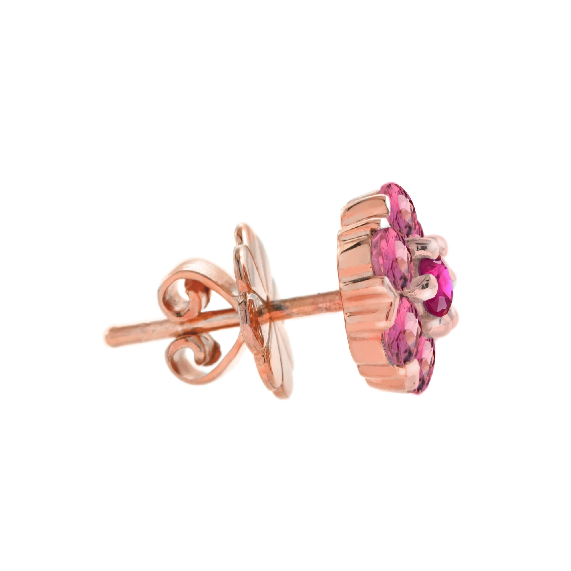 Ruby & Pink Tourmaline Floral Flower Cluster 14K Rose Gold Stud Earrings