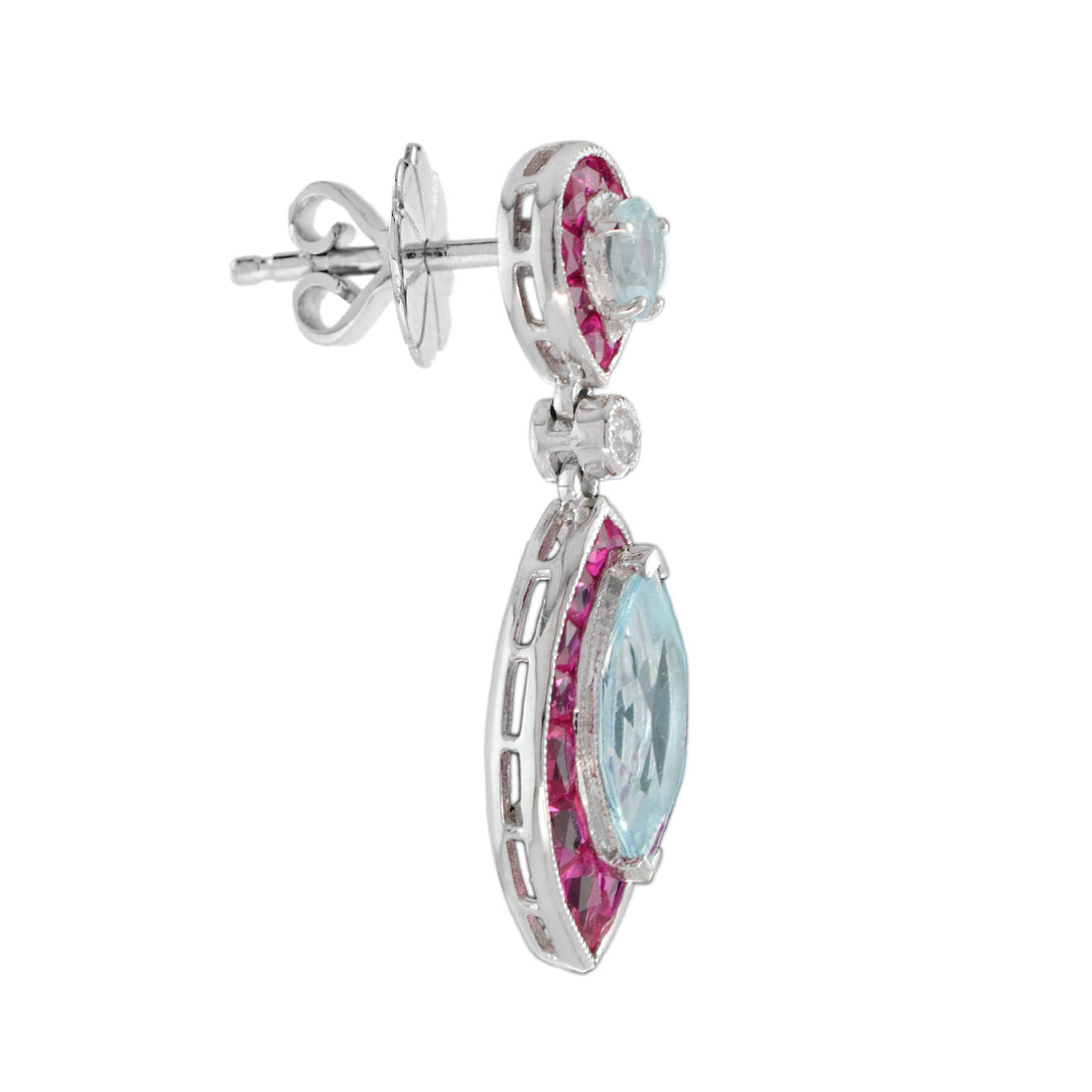 Blue Topaz Ruby & Diamond Marquise Shape Drop 14K White Gold Unique Earrings