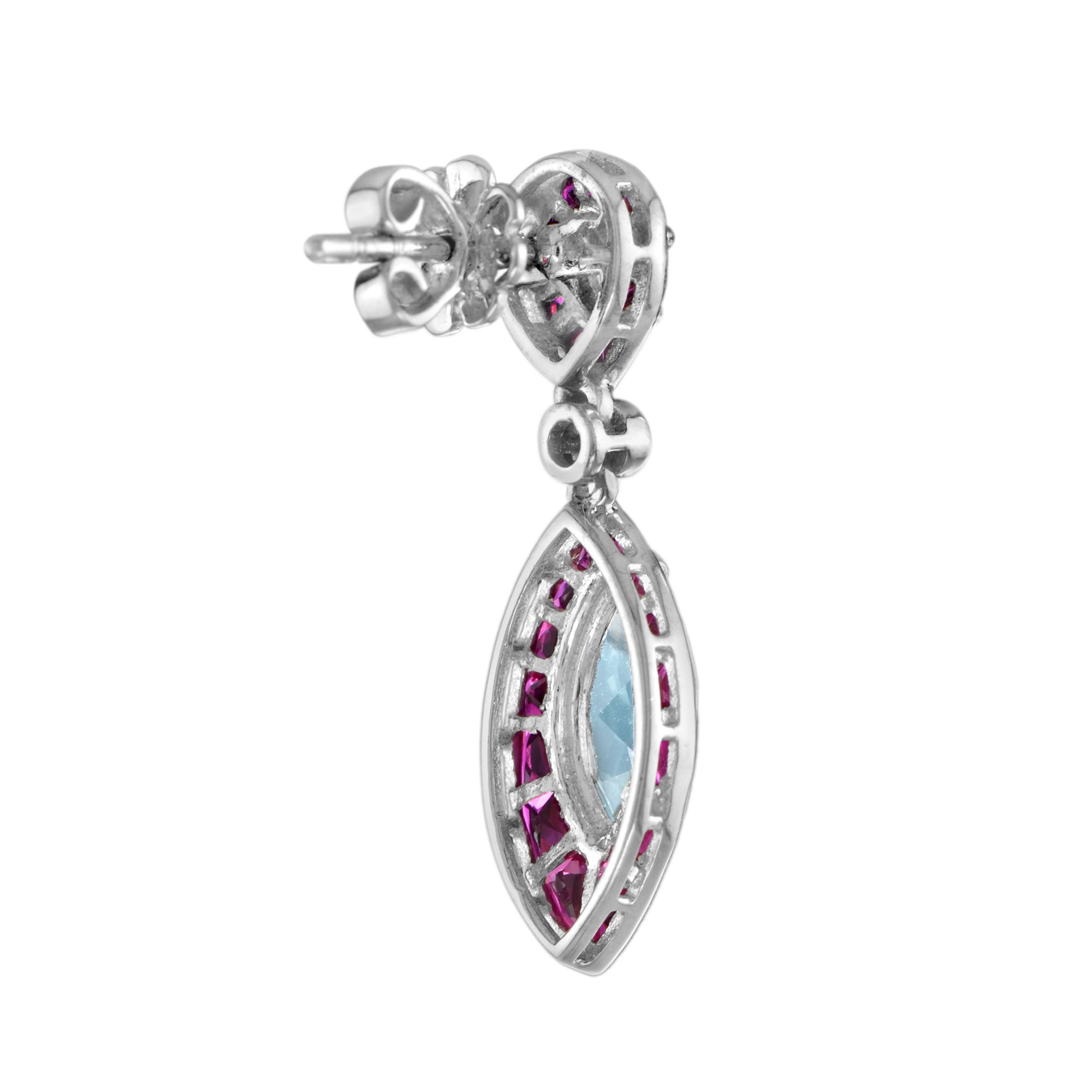 Blue Topaz Ruby & Diamond Marquise Shape Drop 14K White Gold Unique Earrings