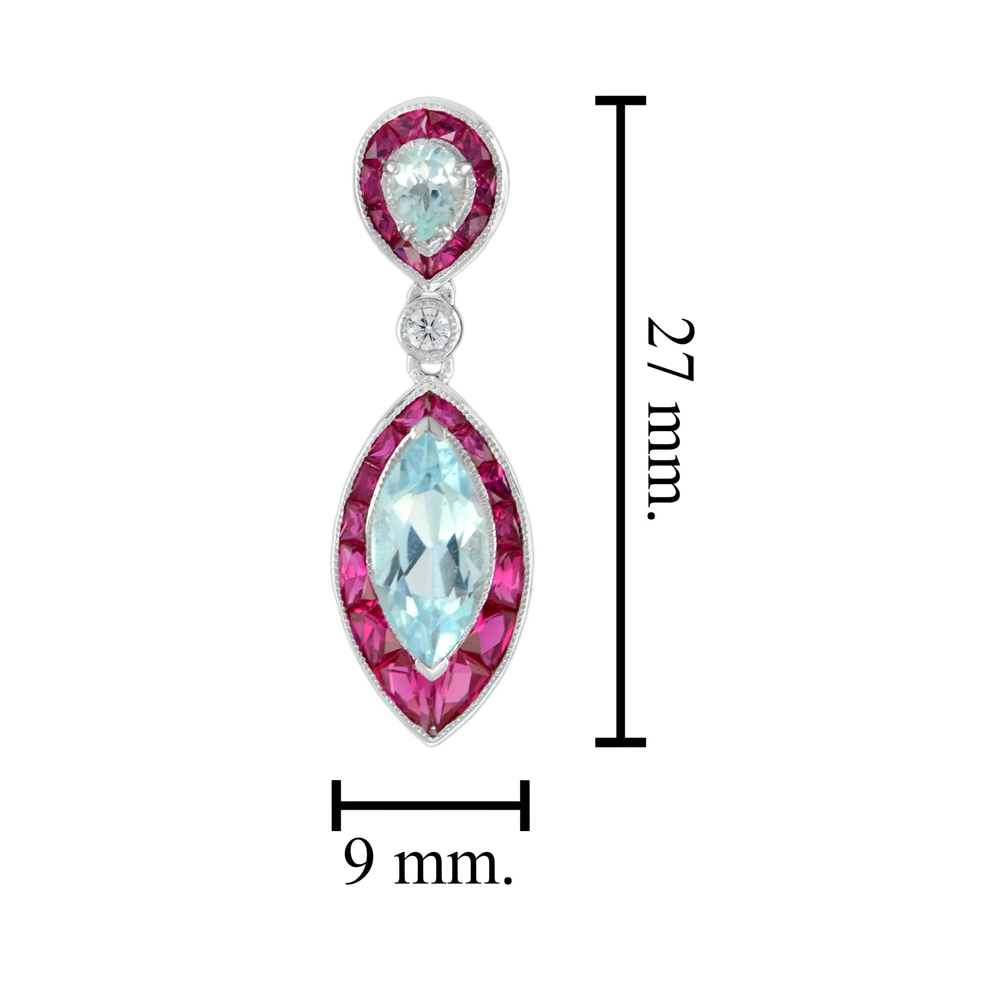 Blue Topaz Ruby & Diamond Marquise Shape Drop 14K White Gold Unique Earrings
