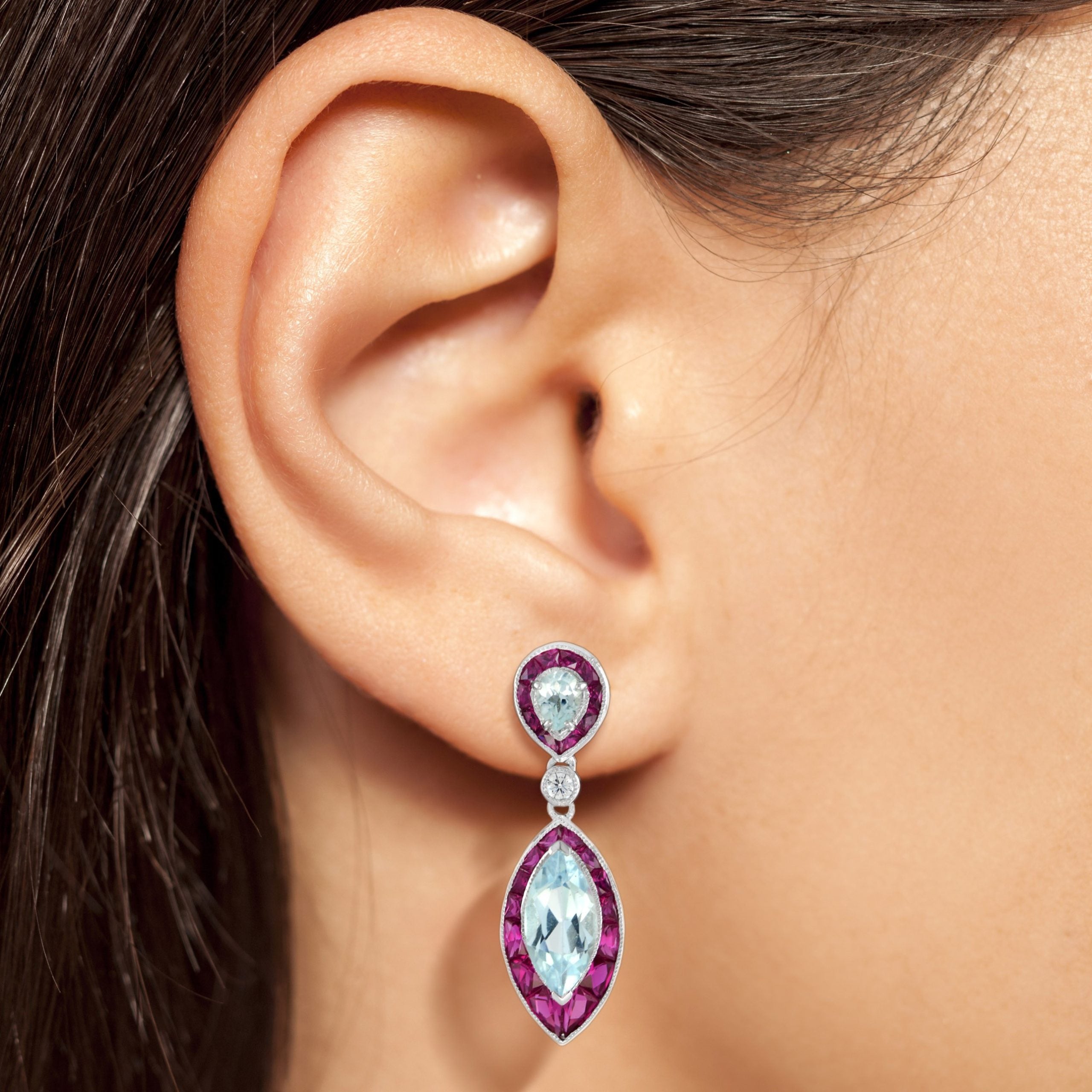 Blue Topaz Ruby & Diamond Marquise Shape Drop 14K White Gold Unique Earrings