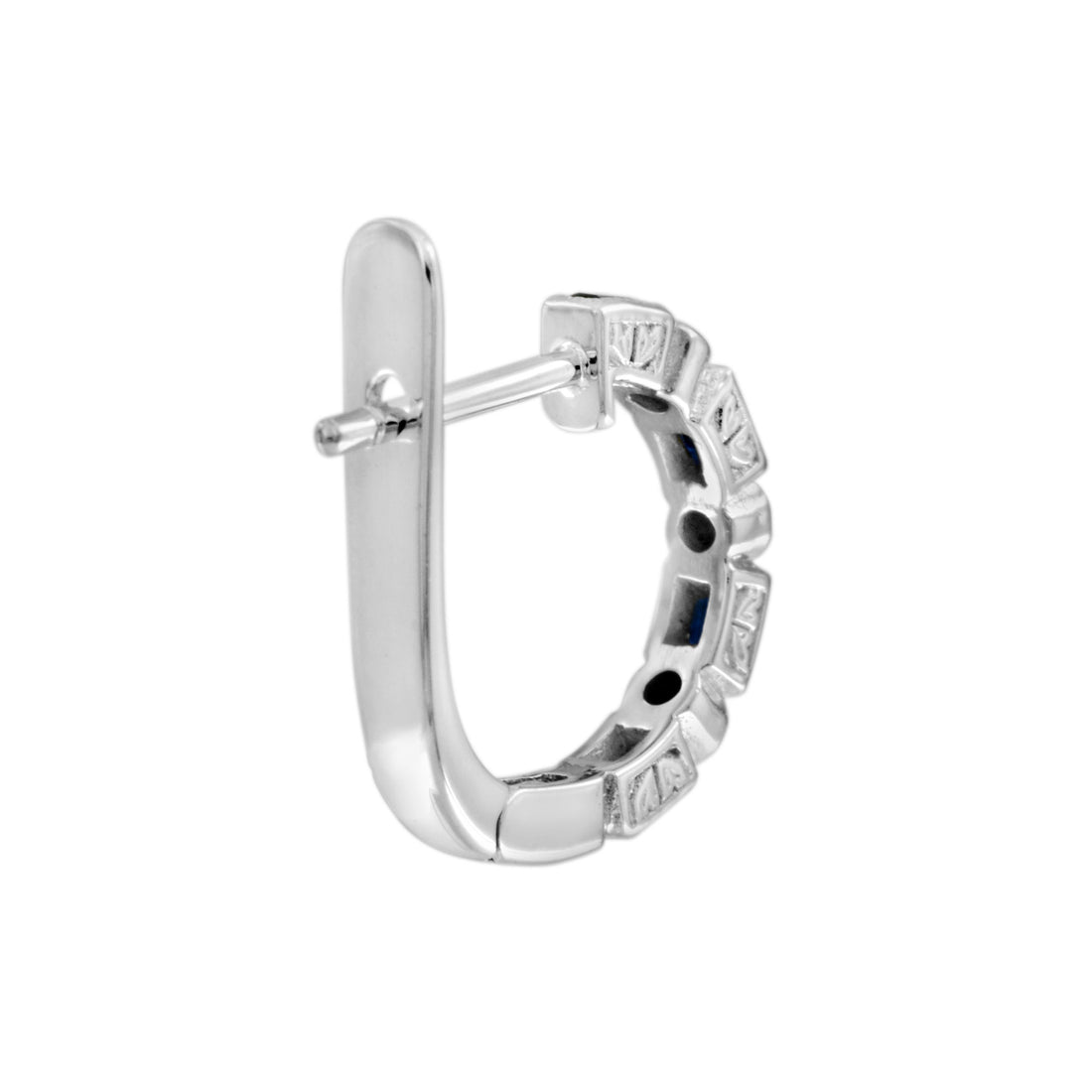 Alternate Baguette Blue Sapphire & Round Diamond Huggie White Gold Earrings