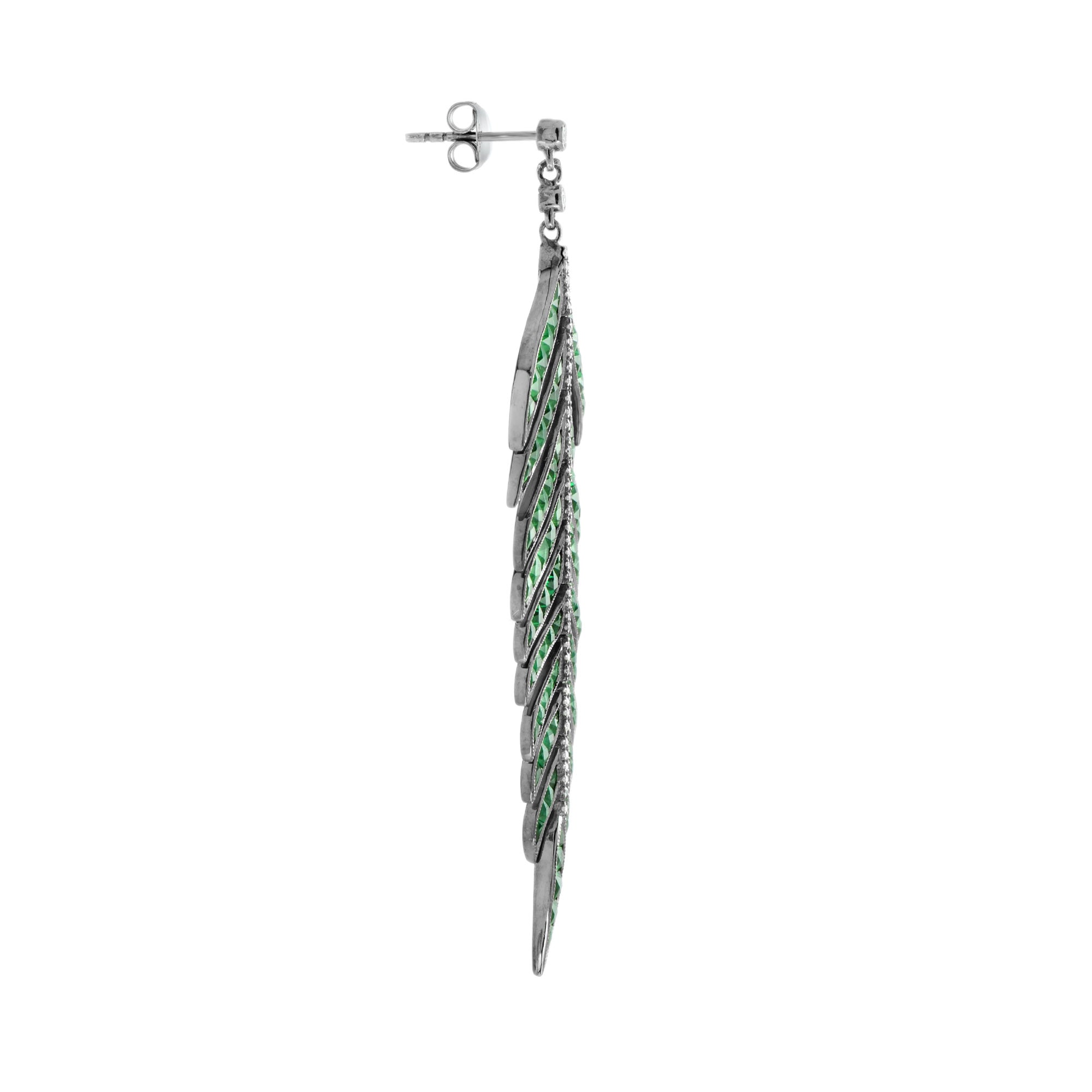 Green Emerald Diamond Leaf Feather Motif Vintage Style Drop White Gold Earrings