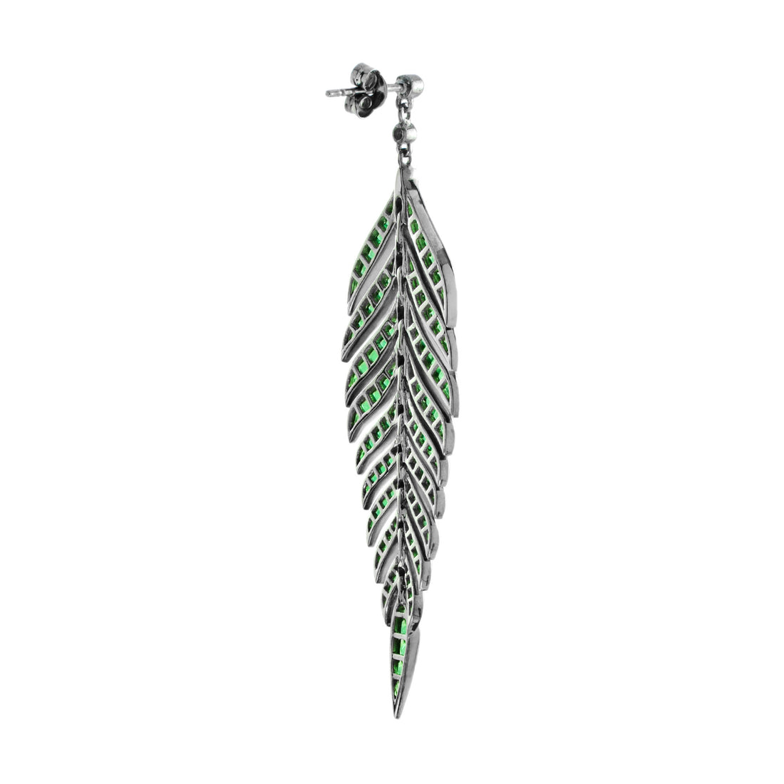 Green Emerald Diamond Leaf Feather Motif Vintage Style Drop White Gold Earrings