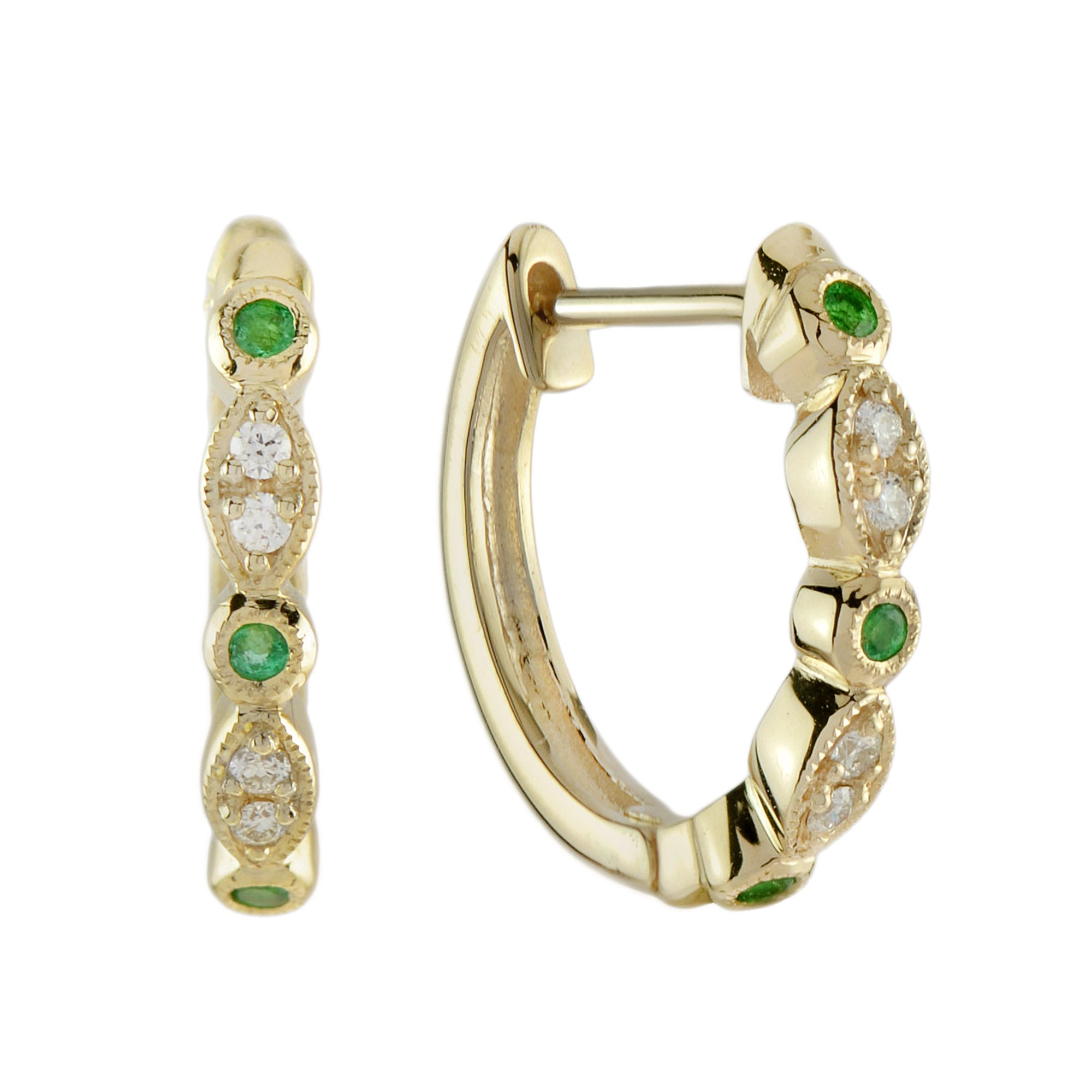 Green Emerald & Diamond Art Deco Style Huggie Yellow Gold Earrings