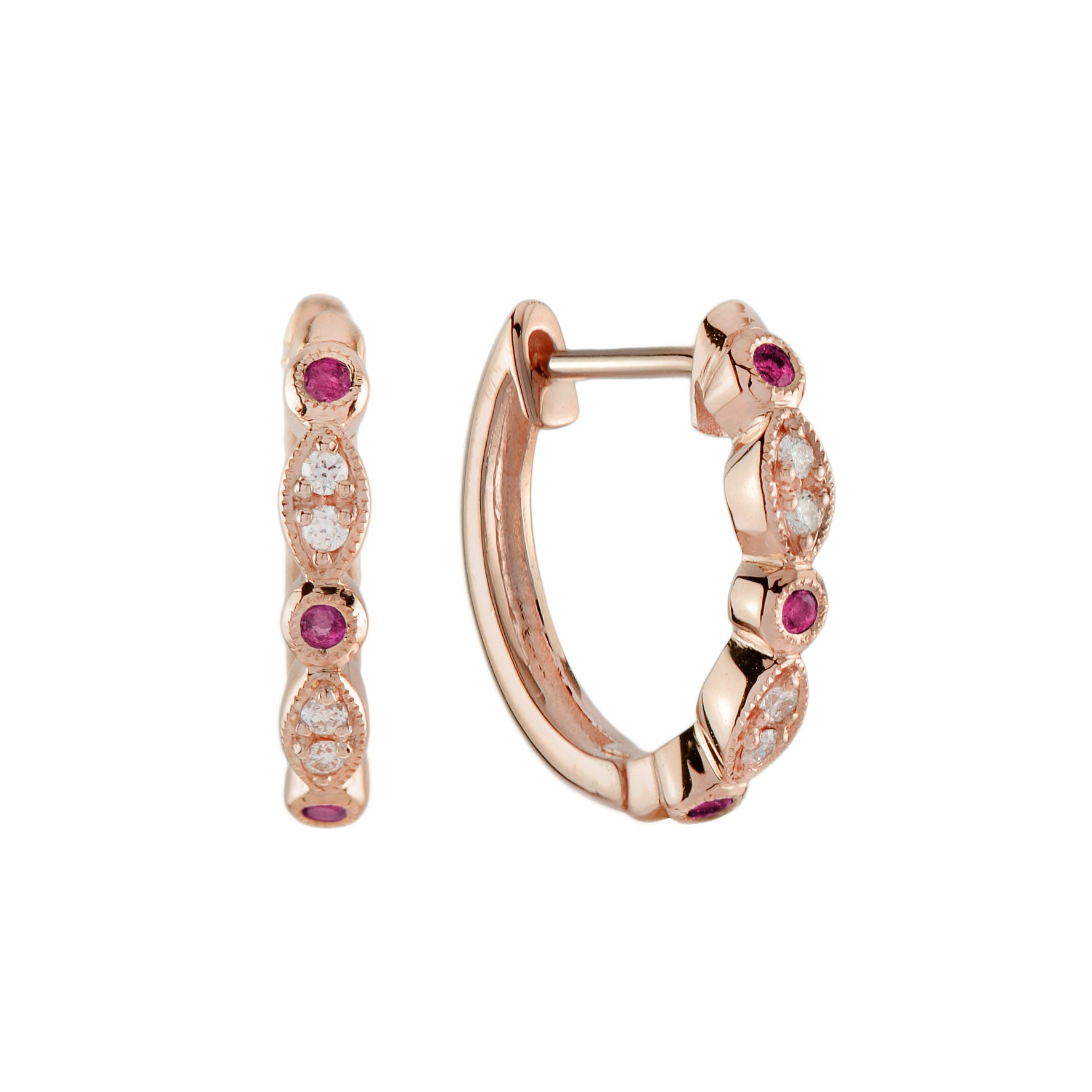 Red Pink Ruby & Diamond Vintage Style 18K Rose Gold Huggie Earrings