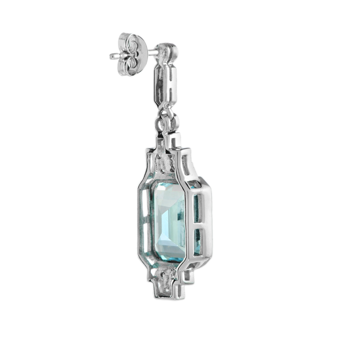 Art Deco Style Octagon Shape Cut Blue Topaz & Diamond White Gold Earrings