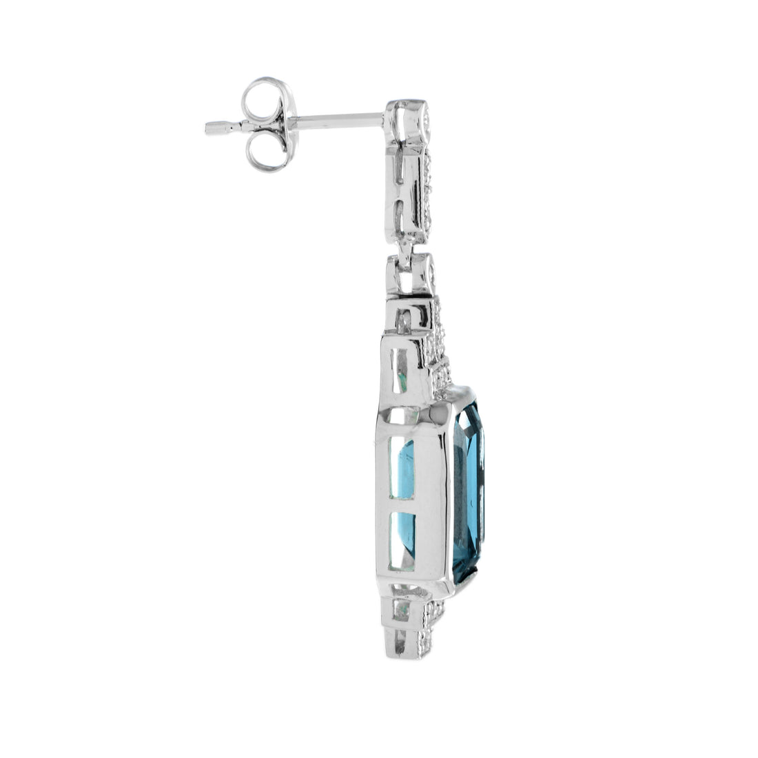 London Blue Topaz & Diamond Step Art Deco Style Drop White Gold Earrings