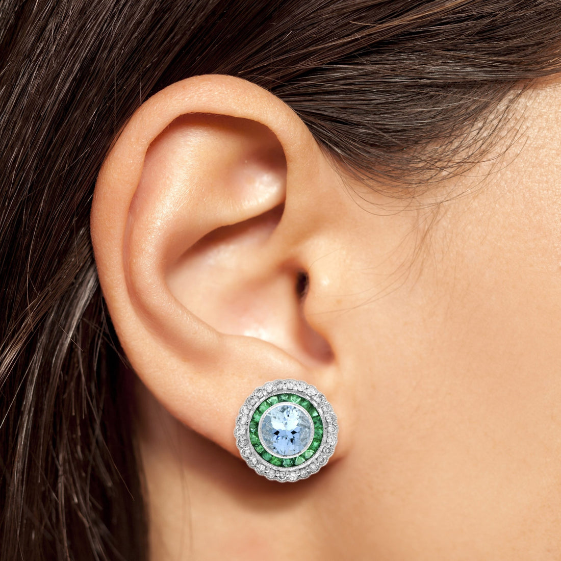Aquamarine Emerald Diamond Art Deco Style Stud White Gold Earrings