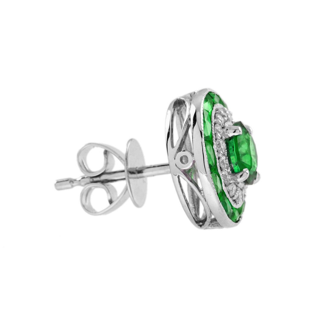 Round Shape Green Emerald & Diamond Art Deco Style Double Halo Stud Earrings