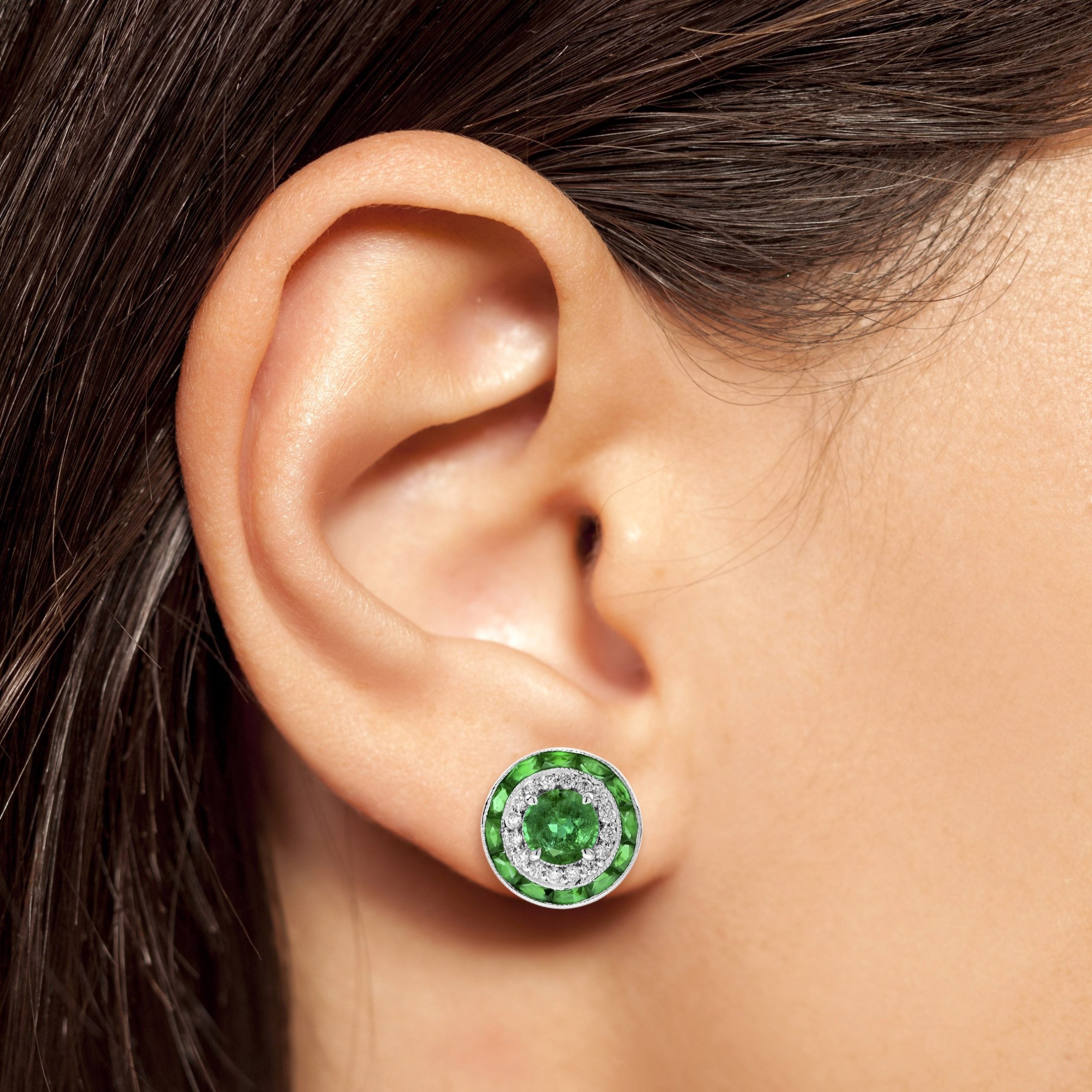 Round Shape Green Emerald & Diamond Art Deco Style Double Halo Stud Earrings