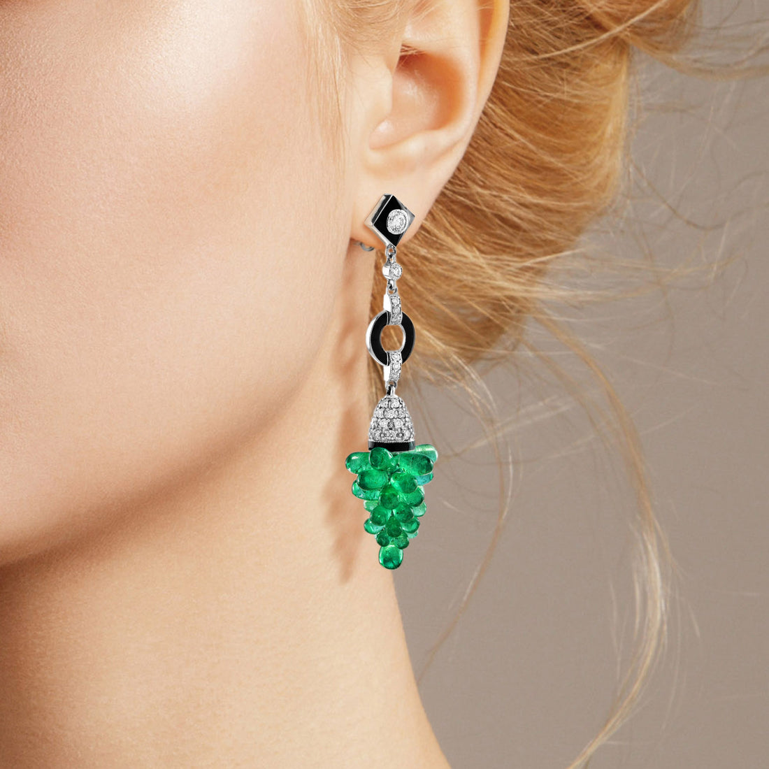 18.80 Ct. Green Emerald & Diamond Enamel Grape Shape Drop White Gold Earrings