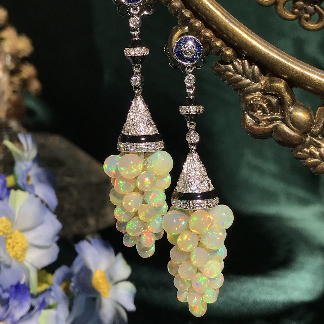 White Opal Grape Diamond Blue Sapphire Black Enamel Vintage Style Drop Earrings
