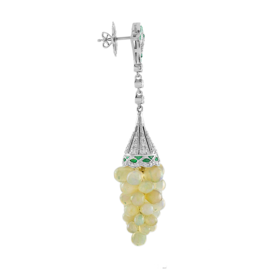 White Yellow Opal Grape & Diamond Green Emerald Vintage Style Drop Gold Earrings