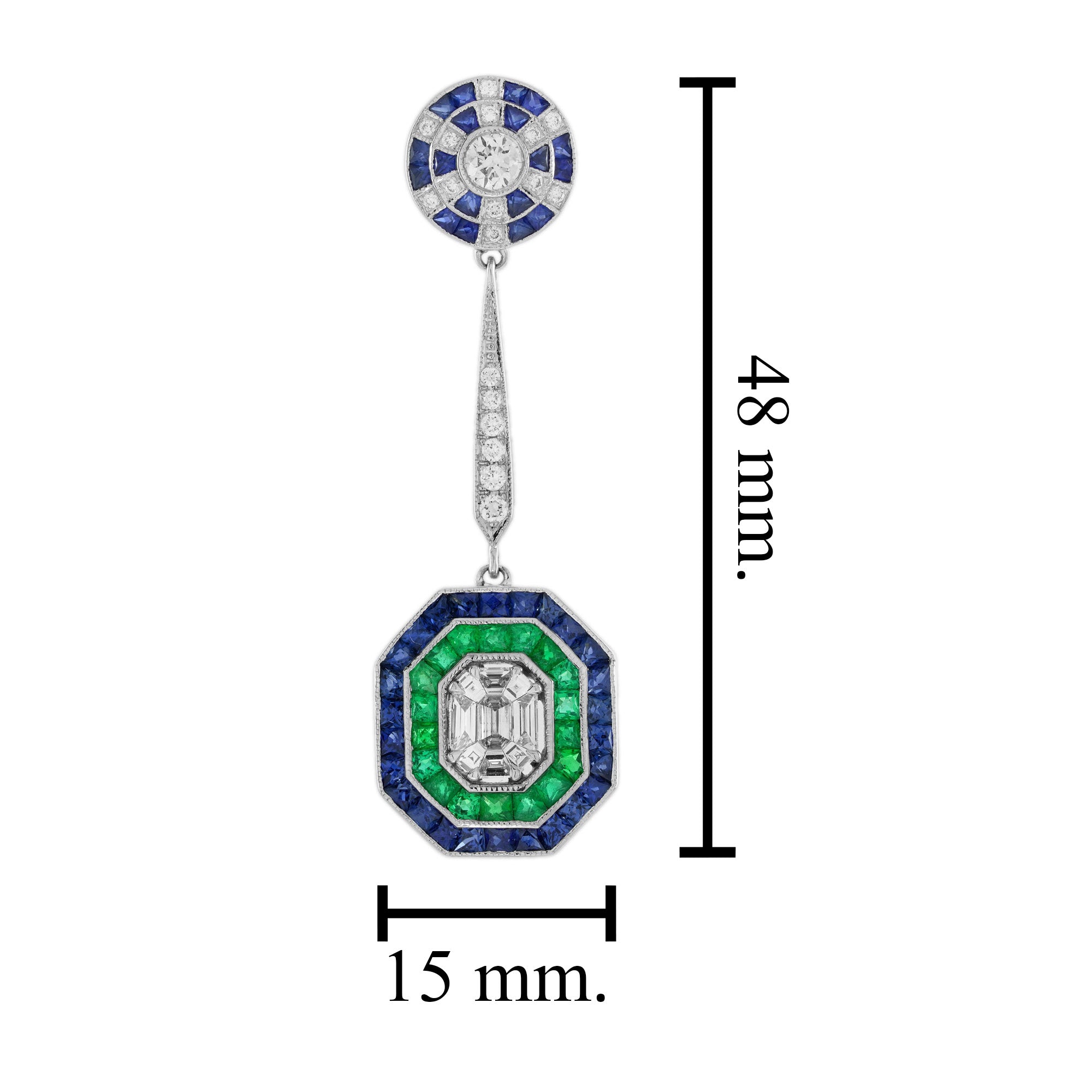 Diamond & Emerald Sapphire Fancy Halo Art Deco Style Drop White Gold Earrings