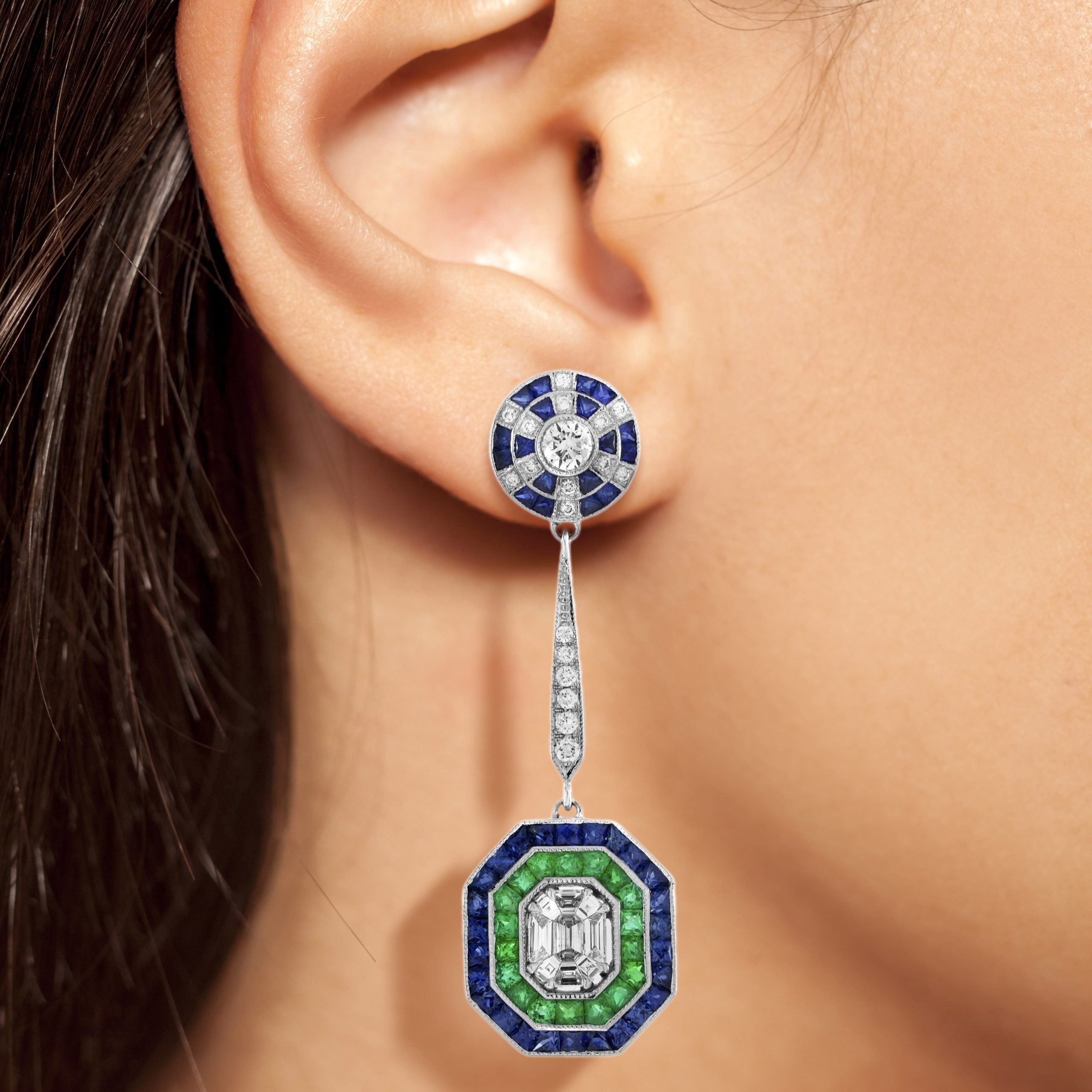 Diamond & Emerald Sapphire Fancy Halo Art Deco Style Drop White Gold Earrings