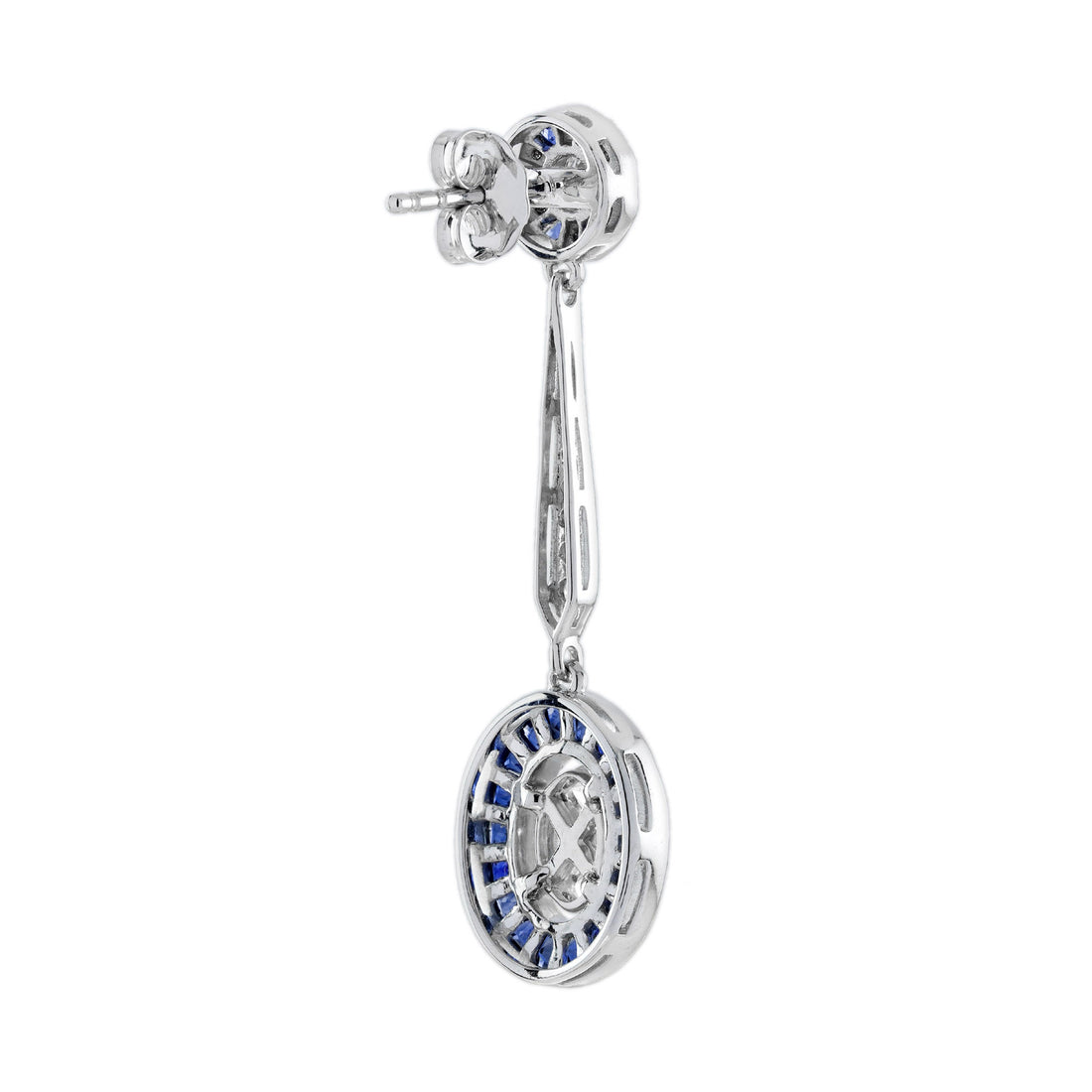 Diamond & Blue Sapphire Vintage Inspired Art Deco Style Drop White Gold Earrings