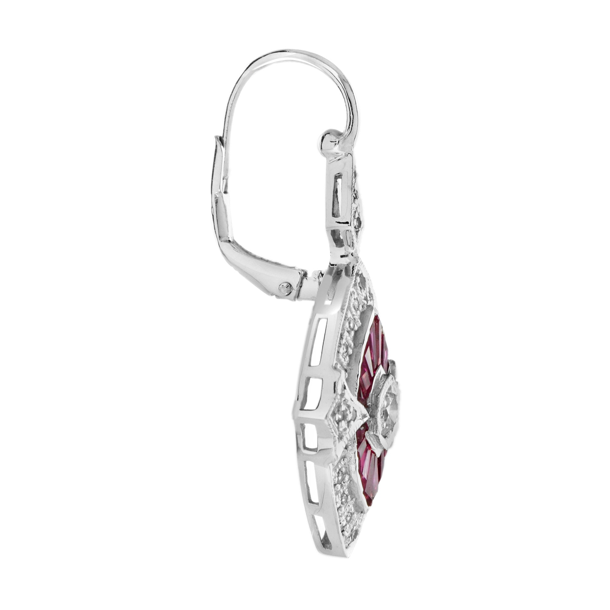Diamond & Ruby Halo Invisible Set Marquise Shape Drop 14K White Gold Earrings