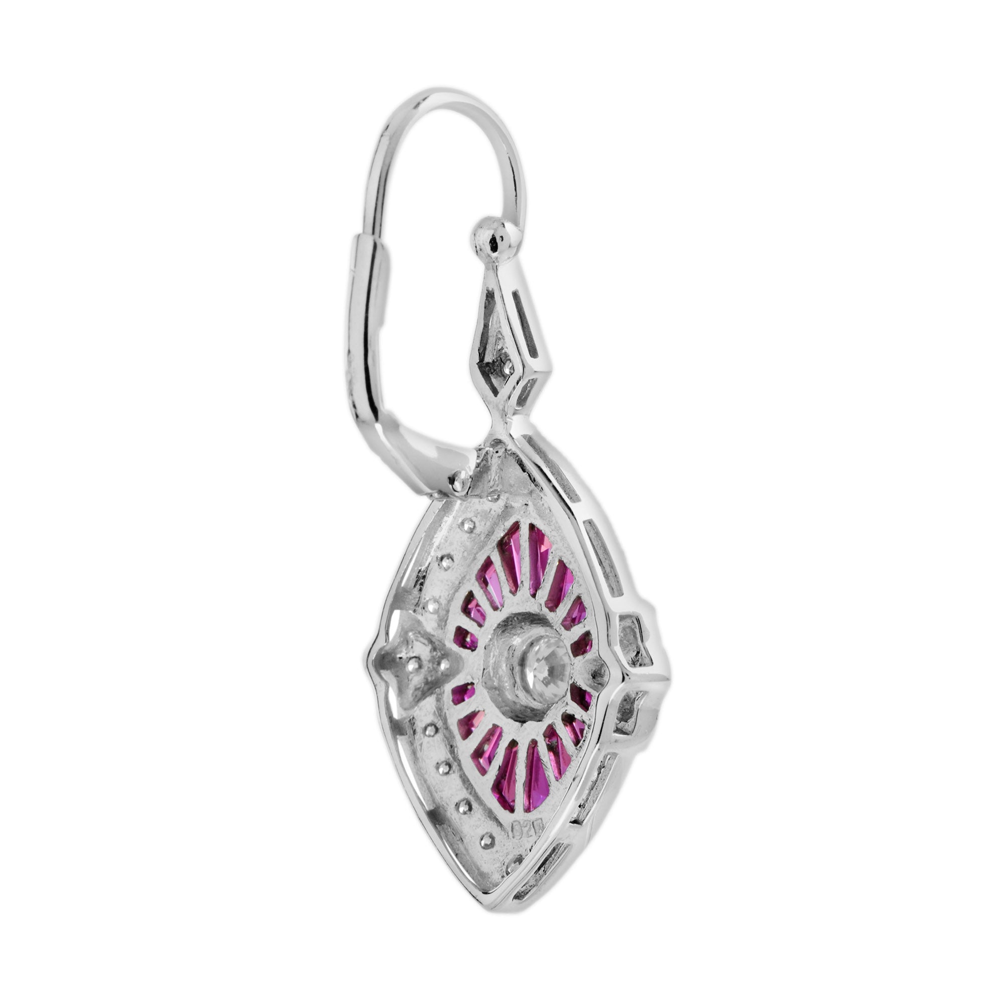 Diamond & Ruby Halo Invisible Set Marquise Shape Drop 14K White Gold Earrings