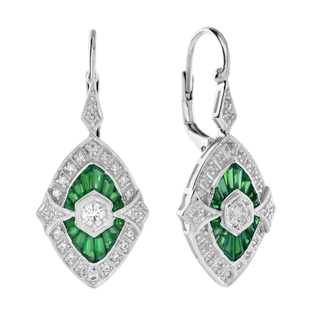 Diamond French Cut Green Emerald Accent Marquise Shape Drop White Gold Earrings