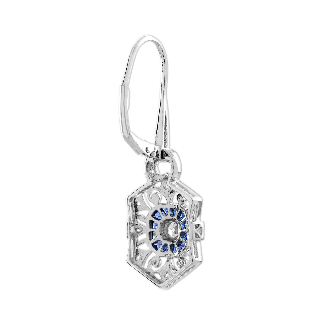 Diamond Sapphire Vintage Inspired Art Deco Style Openwork Drop White Earrings